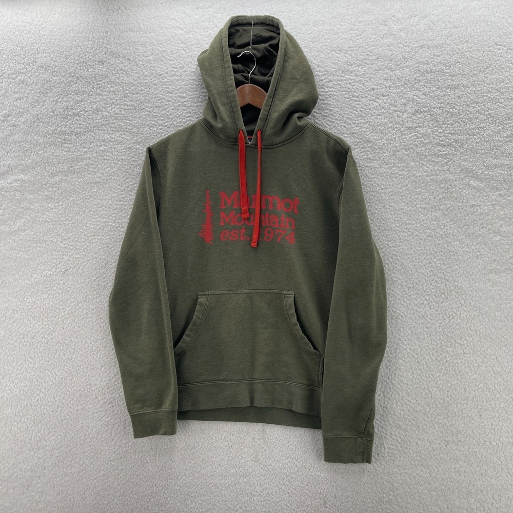 Marmot Hoodie Mens Medium Green Red Pullover Fleece Lined Outdoor Hiking Gorp